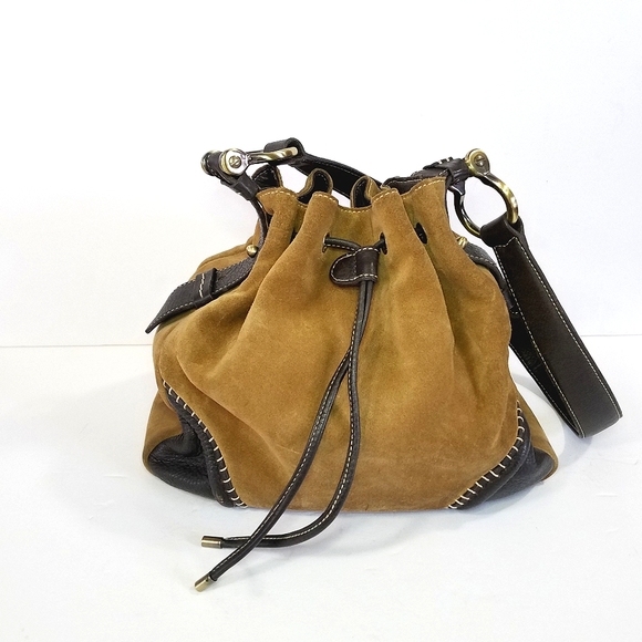 Vintage Donald J. Pliner Y2K Boho Soft Suede Leather Drawstring Bucket Hobo Bag - Picture 2 of 13